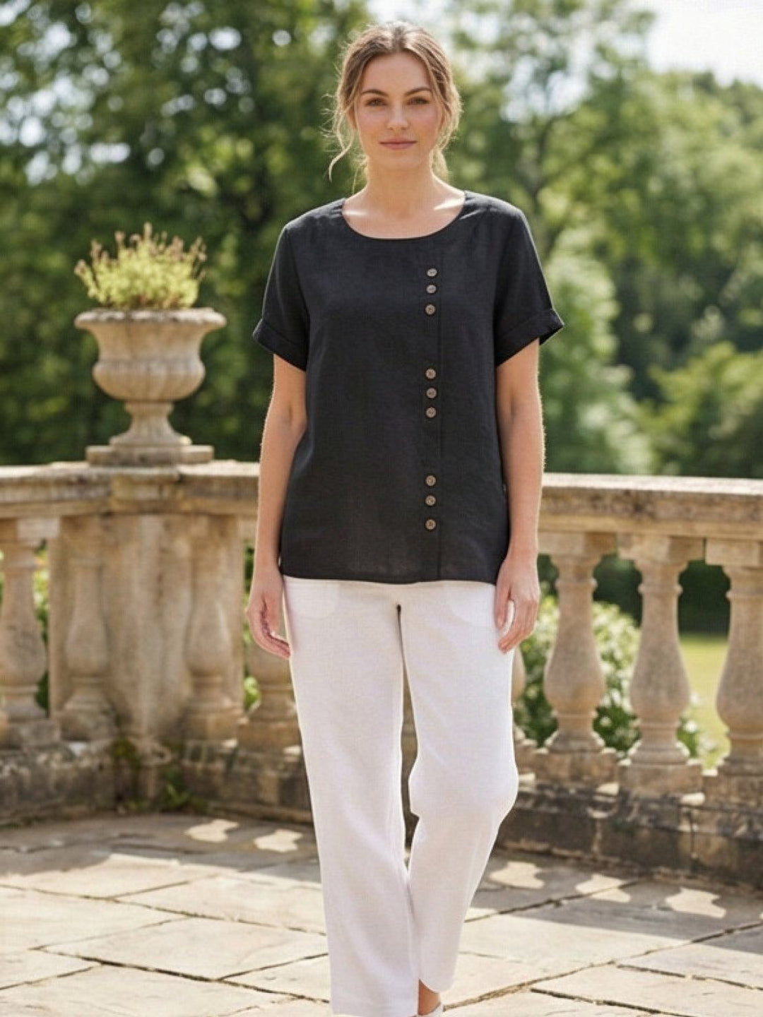 Vivienne | Short Sleeve Top with Scoop Neck and Button Detail