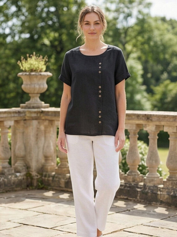 Vivienne | Short Sleeve Top with Scoop Neck and Button Detail