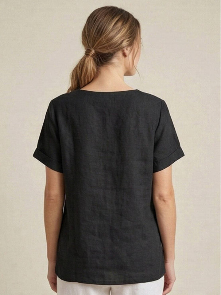 Vivienne | Short Sleeve Top with Scoop Neck and Button Detail