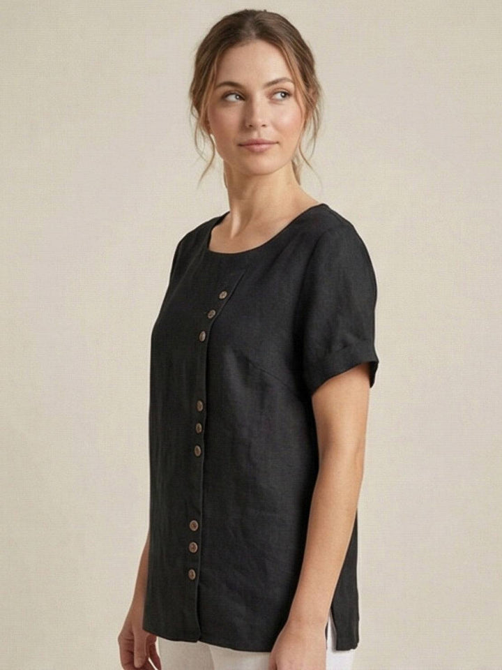 Vivienne | Short Sleeve Top with Scoop Neck and Button Detail