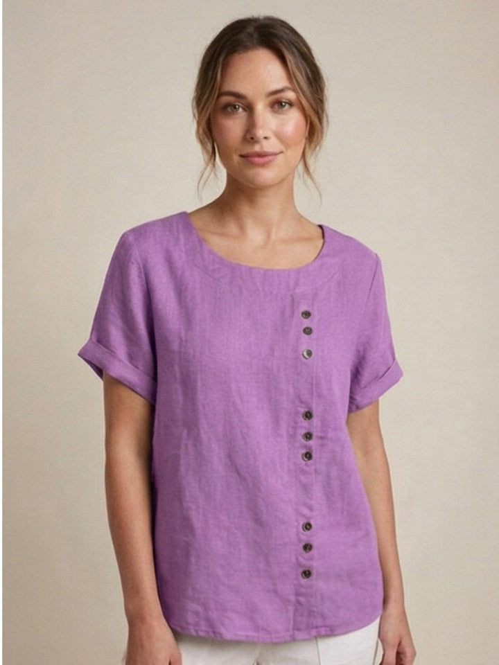 Vivienne | Short Sleeve Top with Scoop Neck and Button Detail