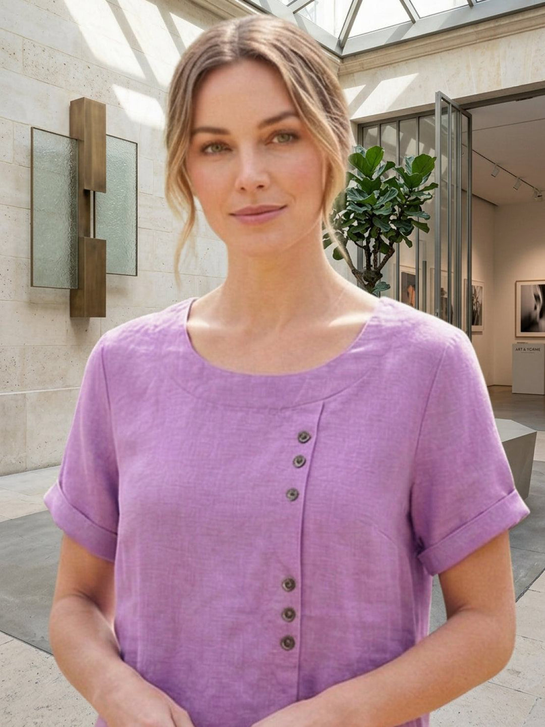 Vivienne | Short Sleeve Top with Scoop Neck and Button Detail