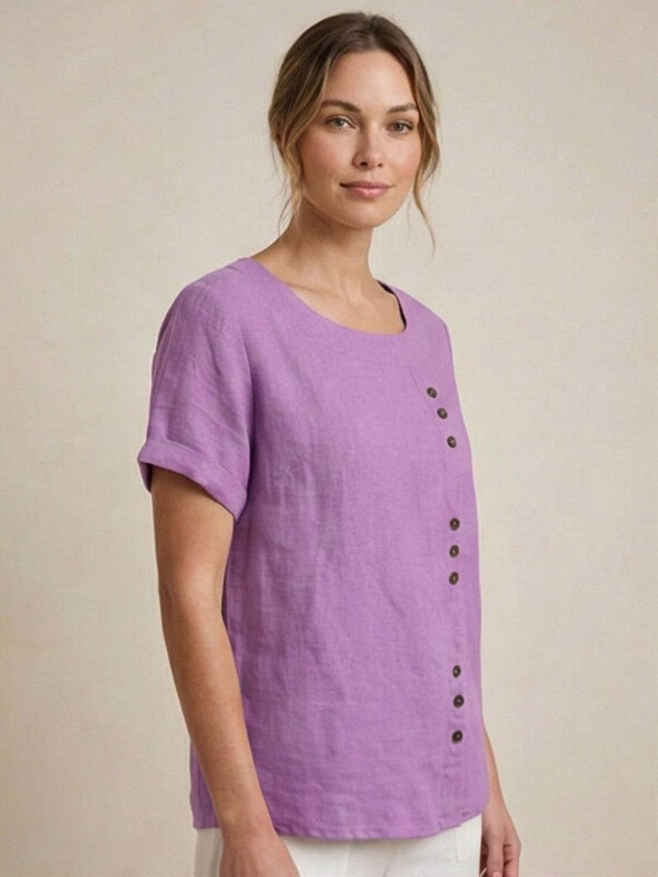 Vivienne | Short Sleeve Top with Scoop Neck and Button Detail
