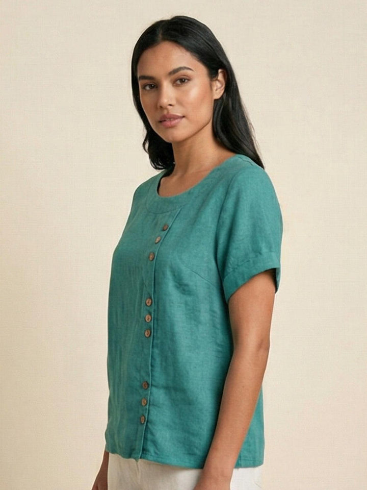 Vivienne | Short Sleeve Top with Scoop Neck and Button Detail