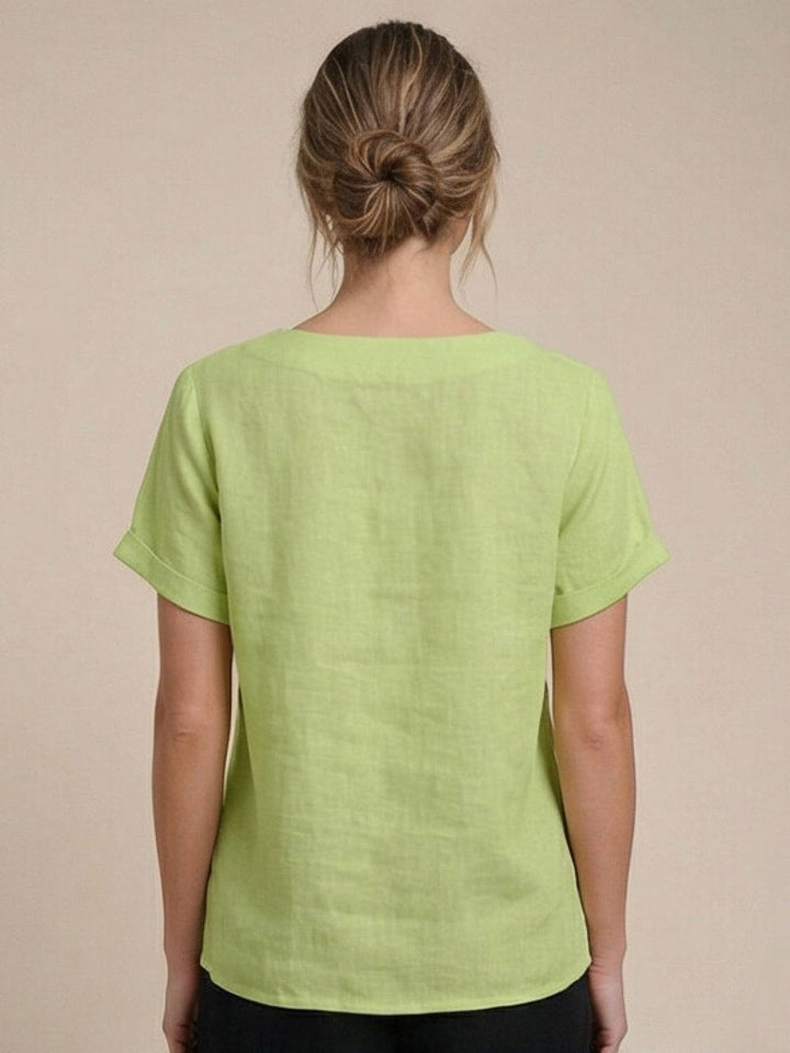 Vivienne | Short Sleeve Top with Scoop Neck and Button Detail