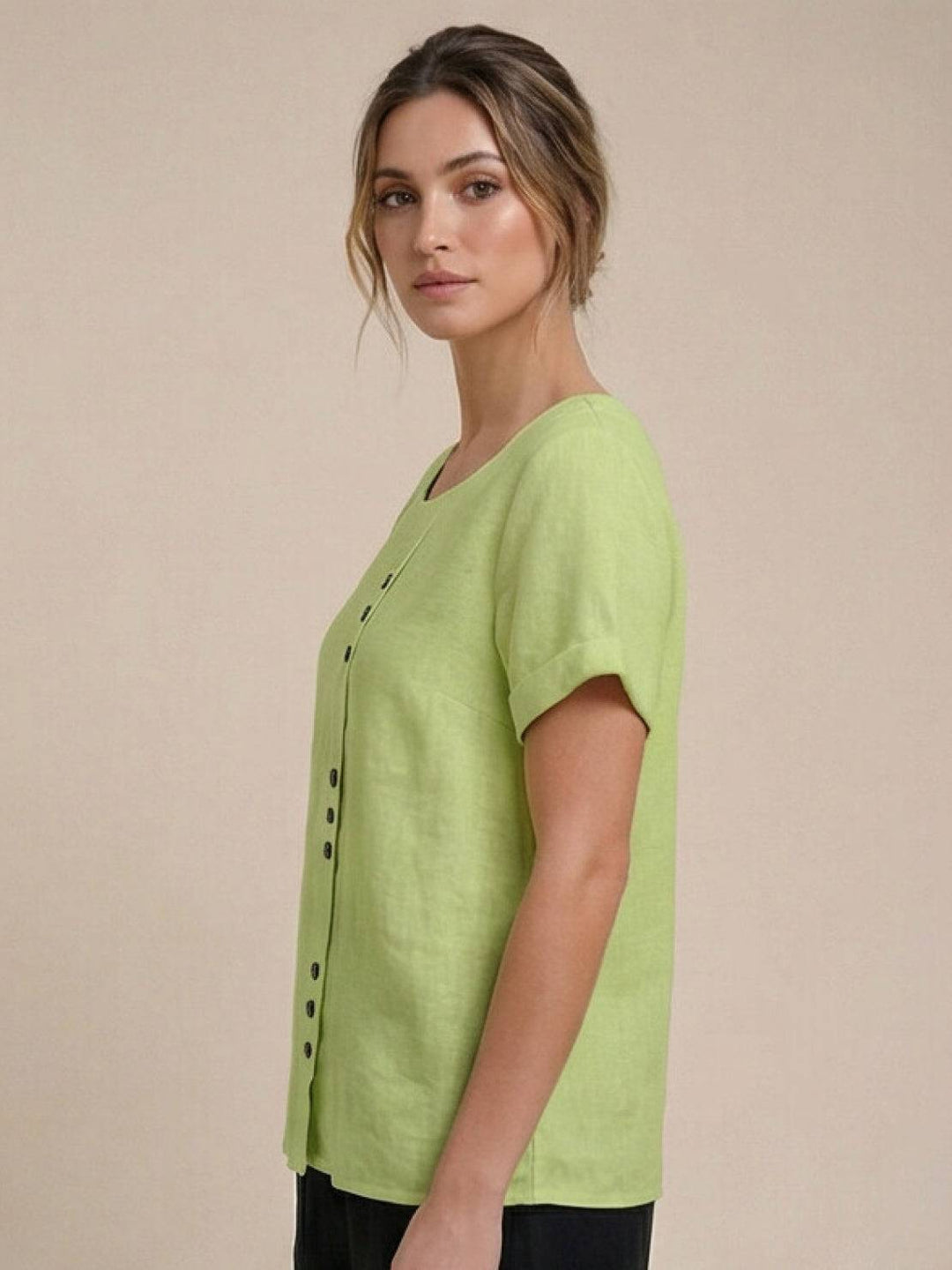 Vivienne | Short Sleeve Top with Scoop Neck and Button Detail
