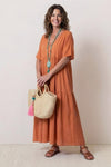 Marigold | Women's V-Neck Tiered Maxi Swing Dress with Short Sleeves