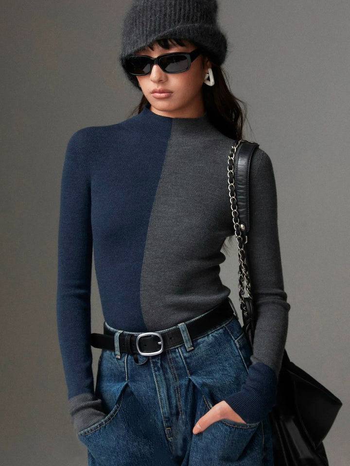 Wool-Blend Two Tone Skinny Knit Top
