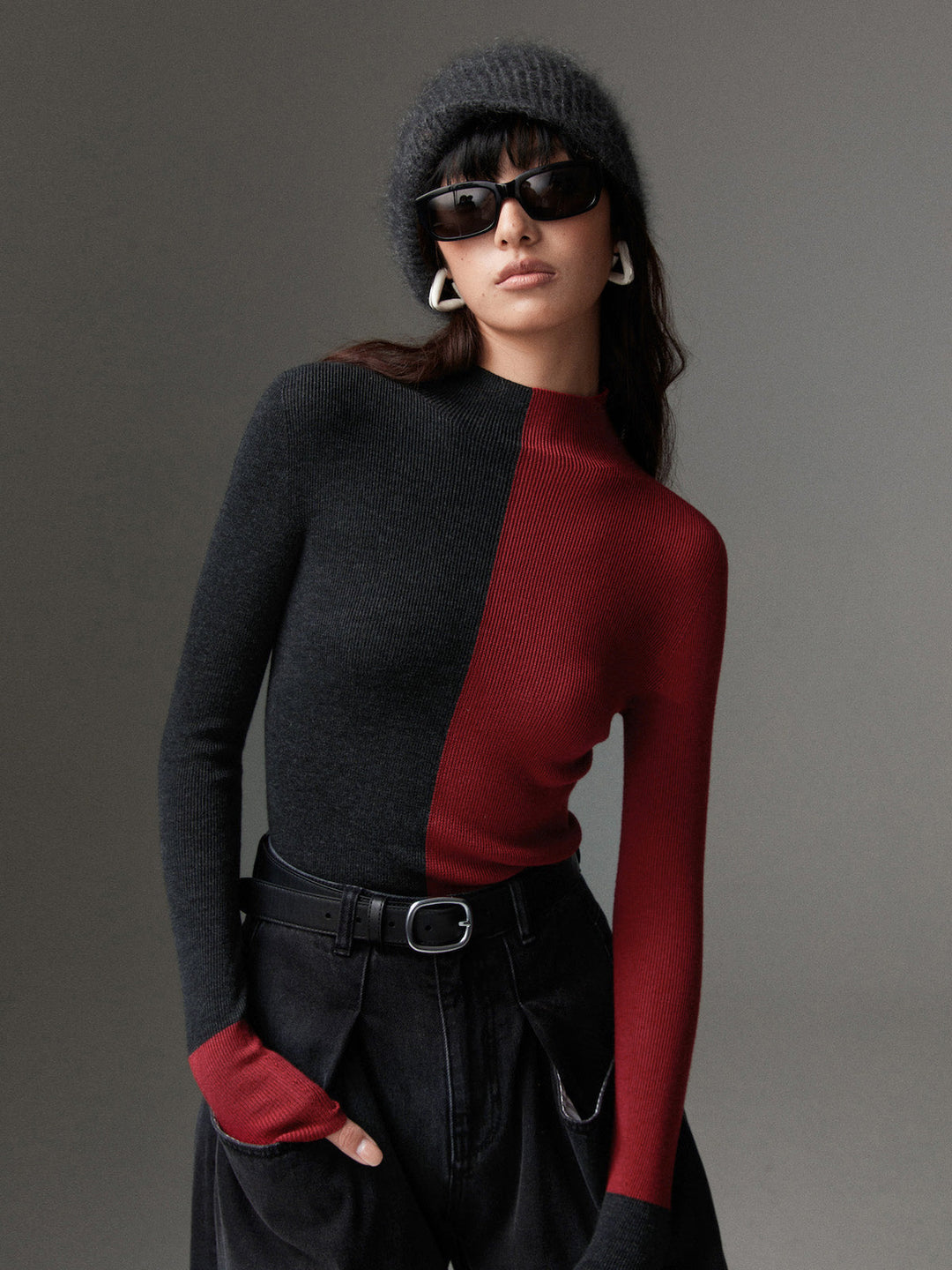 Wool-Blend Two Tone Skinny Knit Top
